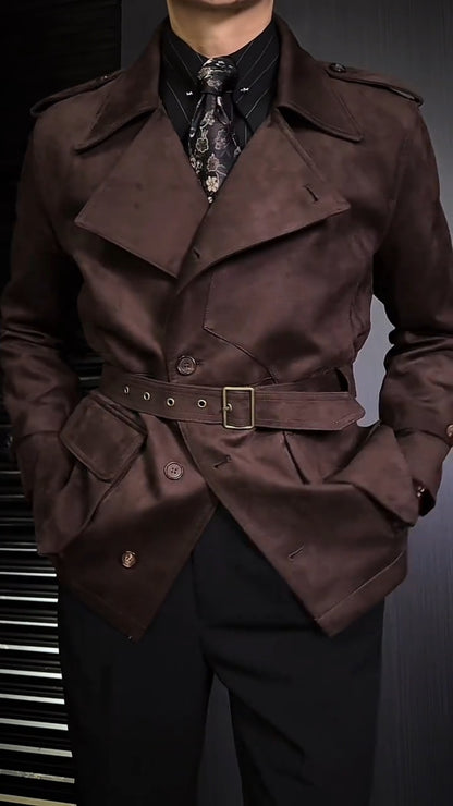 Men’s Lapel Suede Leather Jacket with Belt