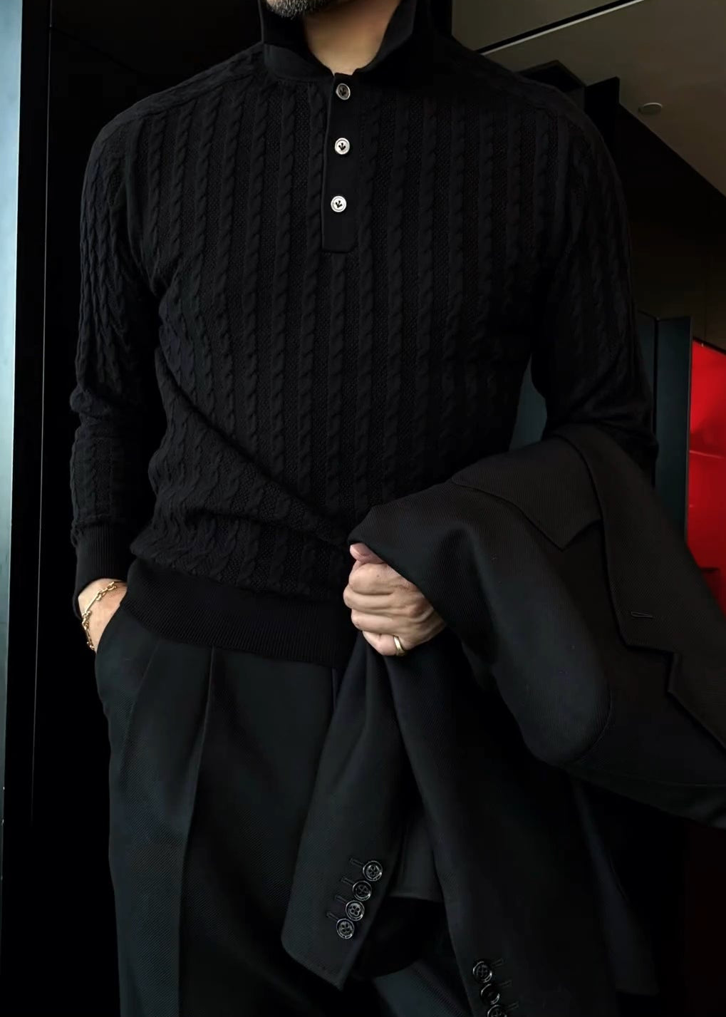 Men’s Lapel Regular-Shoulder Long-Sleeve Polo Knit Shirt