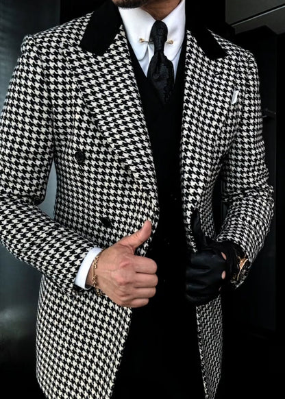 Men’s Houndstooth Suit Jacket with Black Collar