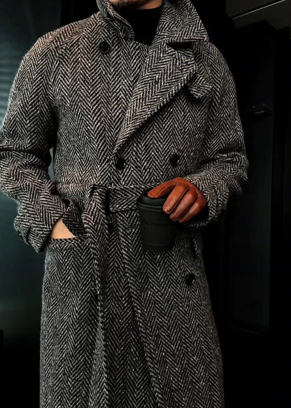 Men’s Mid-Length Wool Plaid Double-Breasted Quilted Coat for Autumn & Winter