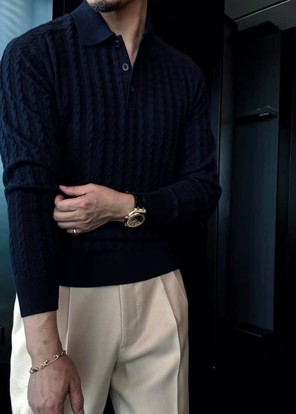 Men’s Lapel Regular-Shoulder Long-Sleeve Polo Knit Shirt