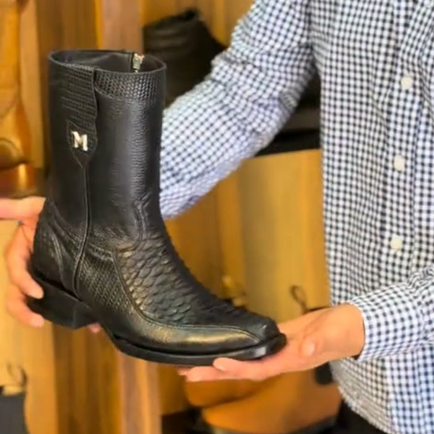 Men's Crocodile-Embossed Square-Toe Snake-Print Mid-Calf Western Cowboy Boots