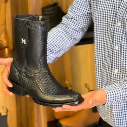 Men's Crocodile-Embossed Square-Toe Snake-Print Mid-Calf Western Cowboy Boots