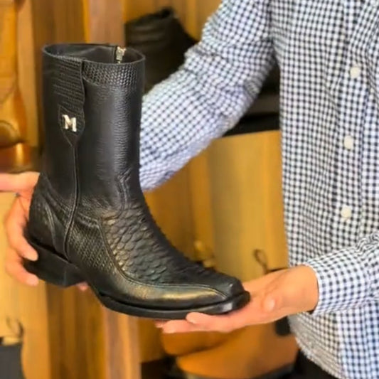 Men's Crocodile-Embossed Square-Toe Snake-Print Mid-Calf Western Cowboy Boots