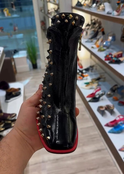 Women's Fashion Studded Block-Heel Leather Boots