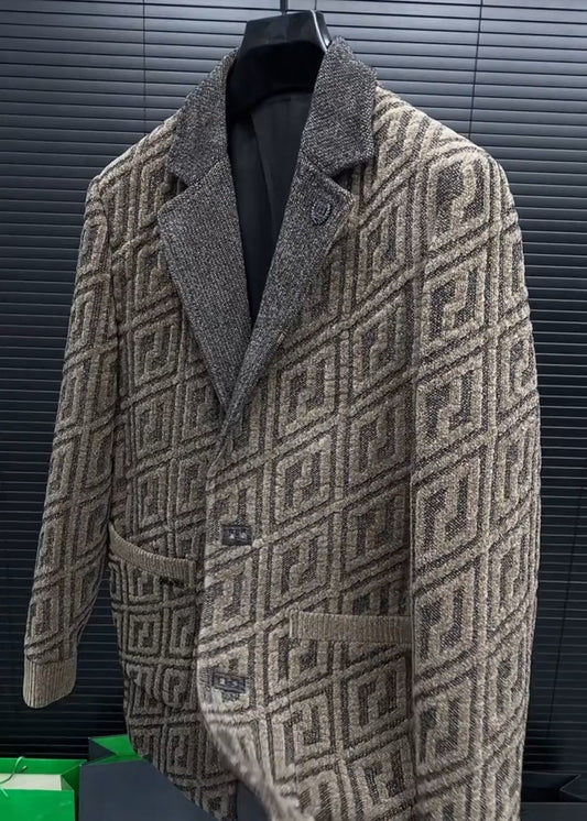 Men’s Windproof Diamond-Quilted Wool Blend Knit-Effect Jacket