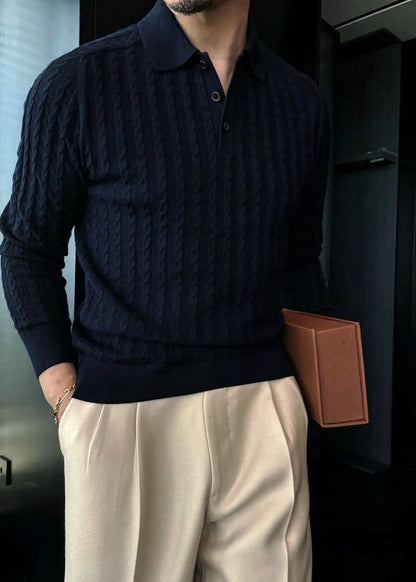 Men’s Lapel Regular-Shoulder Long-Sleeve Polo Knit Shirt