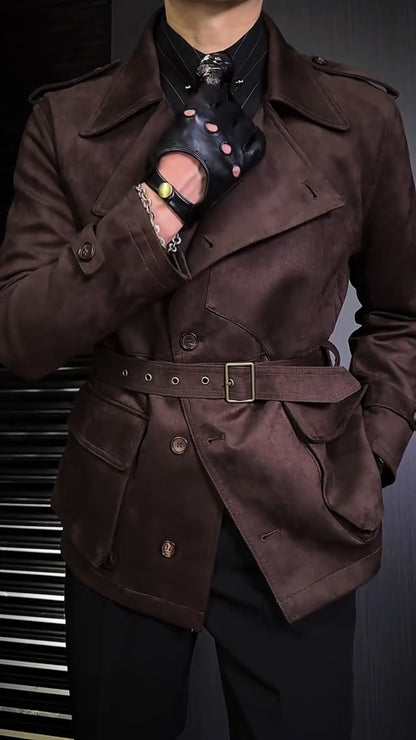 Men’s Lapel Suede Leather Jacket with Belt