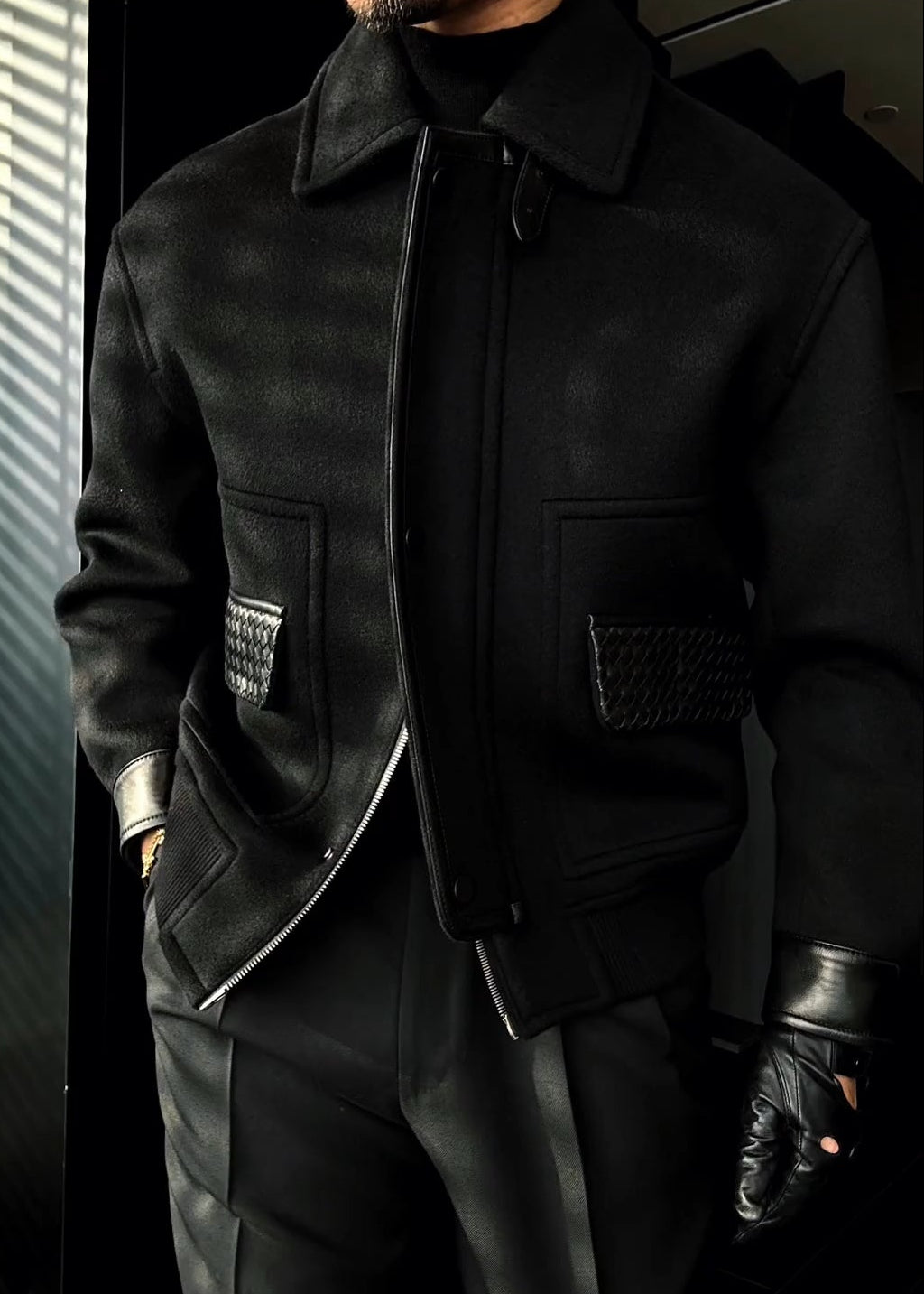 Men’s Lapel Knitted-Pocket Suede Jacket