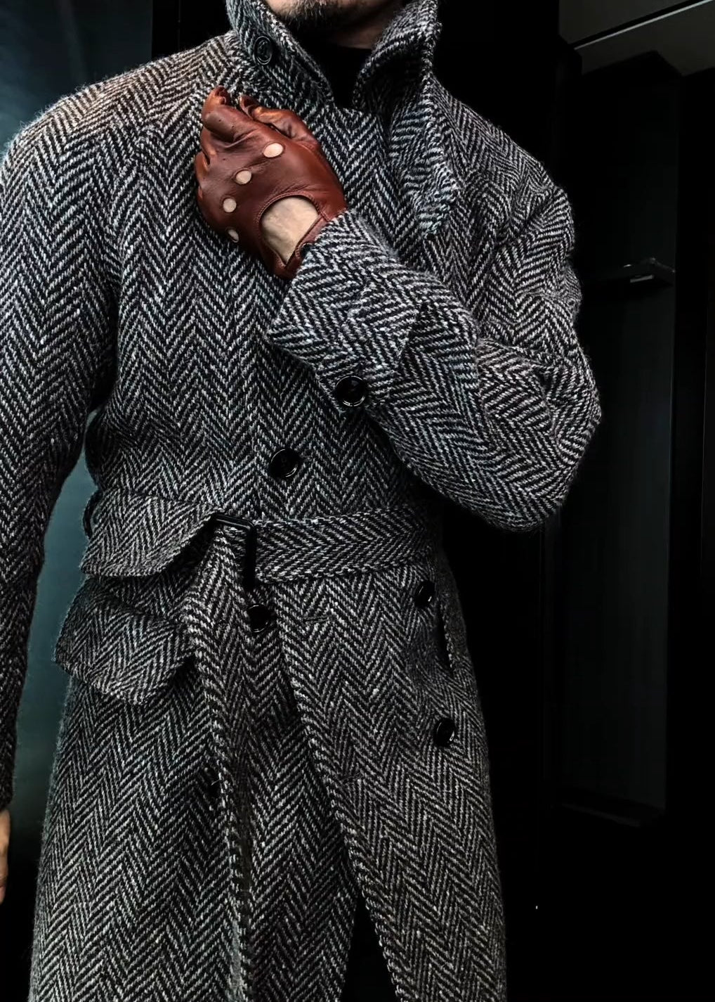 Men’s Mid-Length Wool Plaid Double-Breasted Quilted Coat for Autumn & Winter