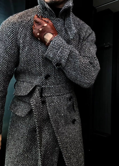 Men’s Mid-Length Wool Plaid Double-Breasted Quilted Coat for Autumn & Winter