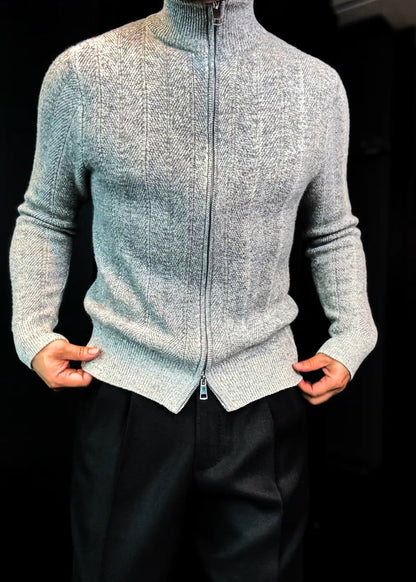 Men's Turtleneck Shimmery Fine-Knit Sweater Jacket