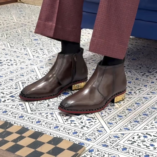 Men's Red-Sole Square-Toe Metal Block-Heel Leather Shoes