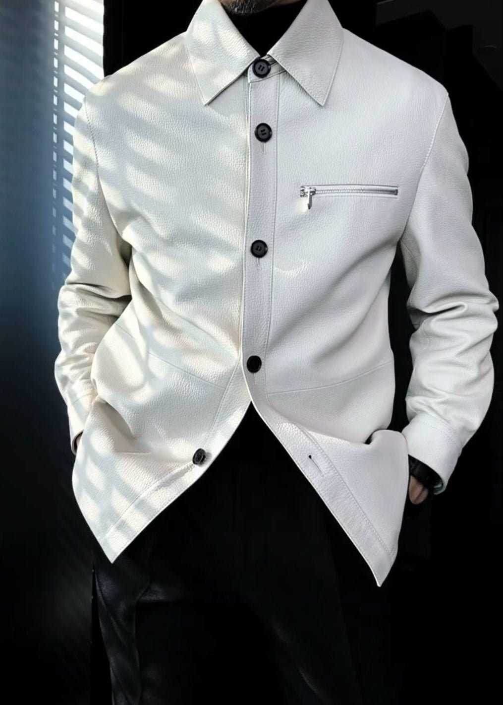 Men’s Zipper-Pocket Premium Lychee-Grain Leather Jacket