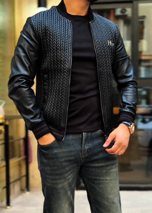 Men’s Warm Leather Jacket with Woven Texture & Color-Block Design
