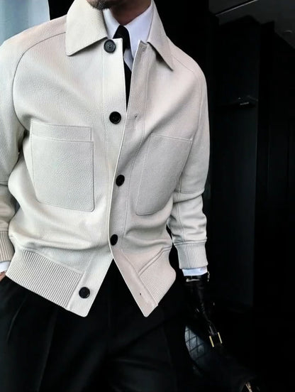 Men's Sheepskin Lychee-Grain Lapel Leather Jacket