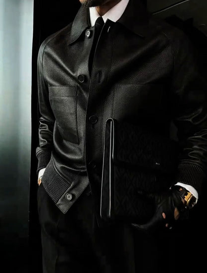Men's Sheepskin Lychee-Grain Lapel Leather Jacket