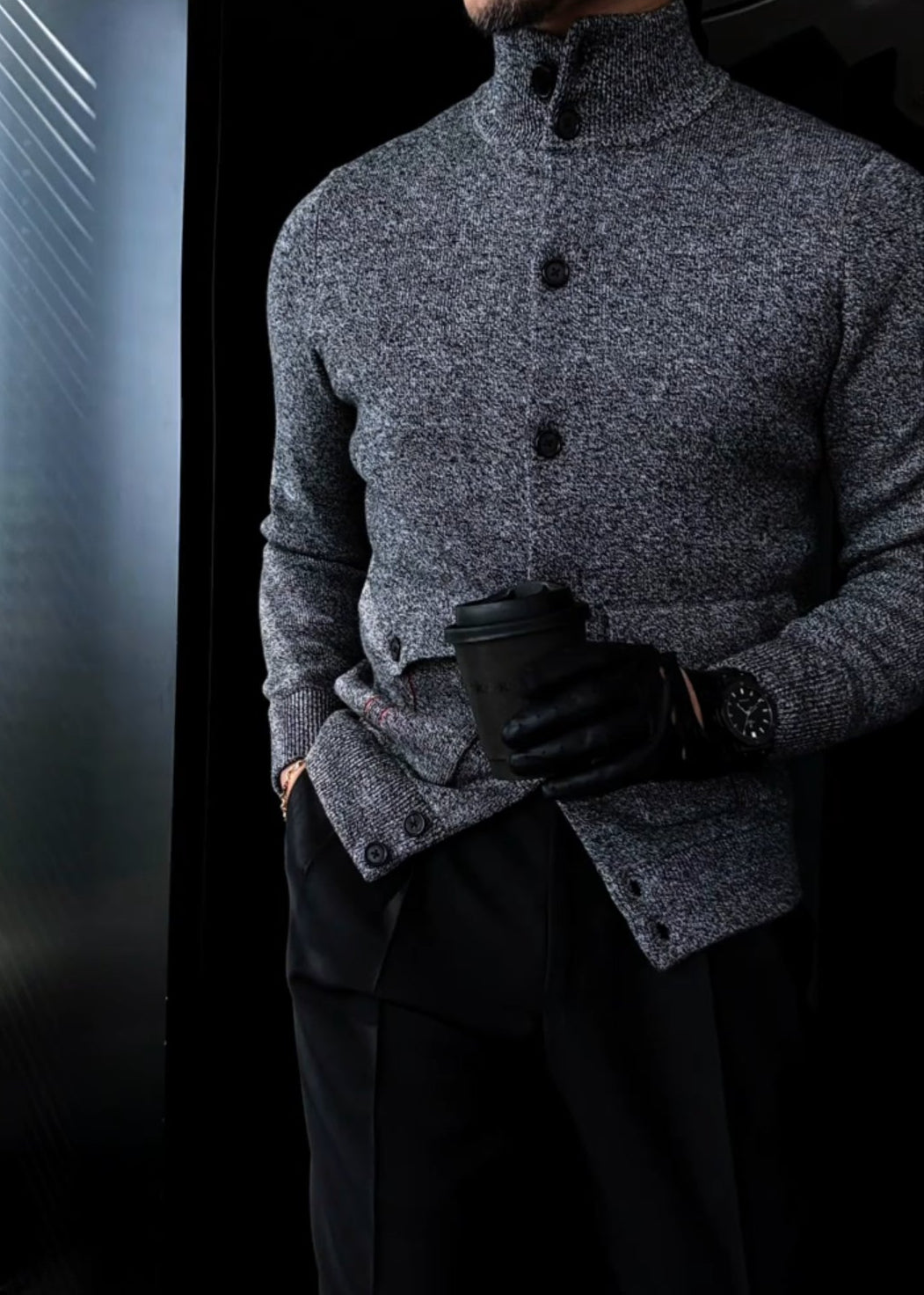 Men’s Wool-Cotton Blend Turtleneck Knitted Cardigan