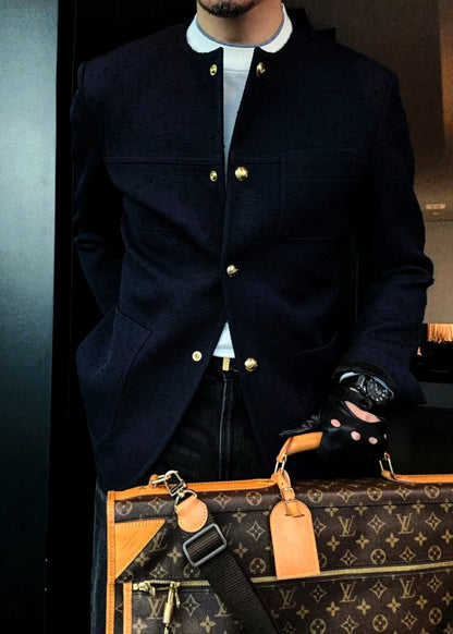 Prussian Blue Crew Neck Twill Jacket with Gold Buttons & Three Patch Pockets