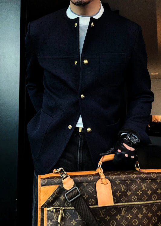 Prussian Blue Crew Neck Twill Jacket with Gold Buttons & Three Patch Pockets