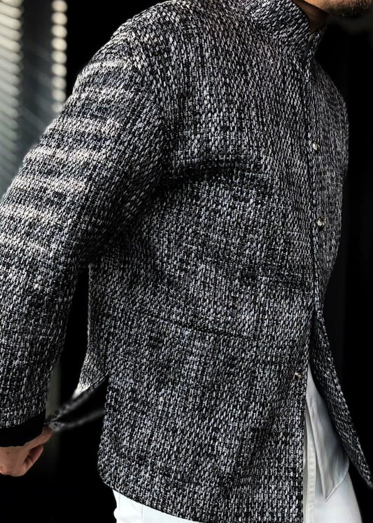 Men’s Stand-Collar Silver Gray Woven Slightly Relaxed-Fit Jacket