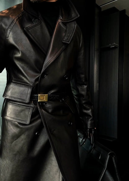 Men’s Stylish Leather Trench Coat with Double Breasts and Raglan Sleeves