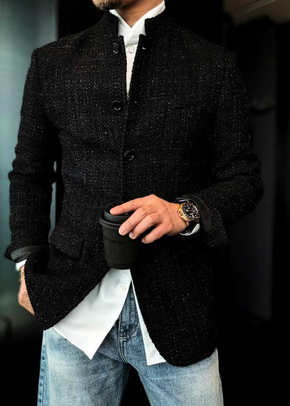 Men’s Black Chanel-Style Stand-Collar Fashion Jacket