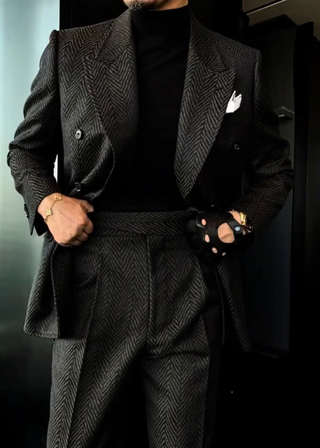 Men's Autumn Navy Blue Silver Herringbone Suit Set