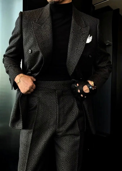 Men's Autumn Navy Blue Silver Herringbone Suit Set