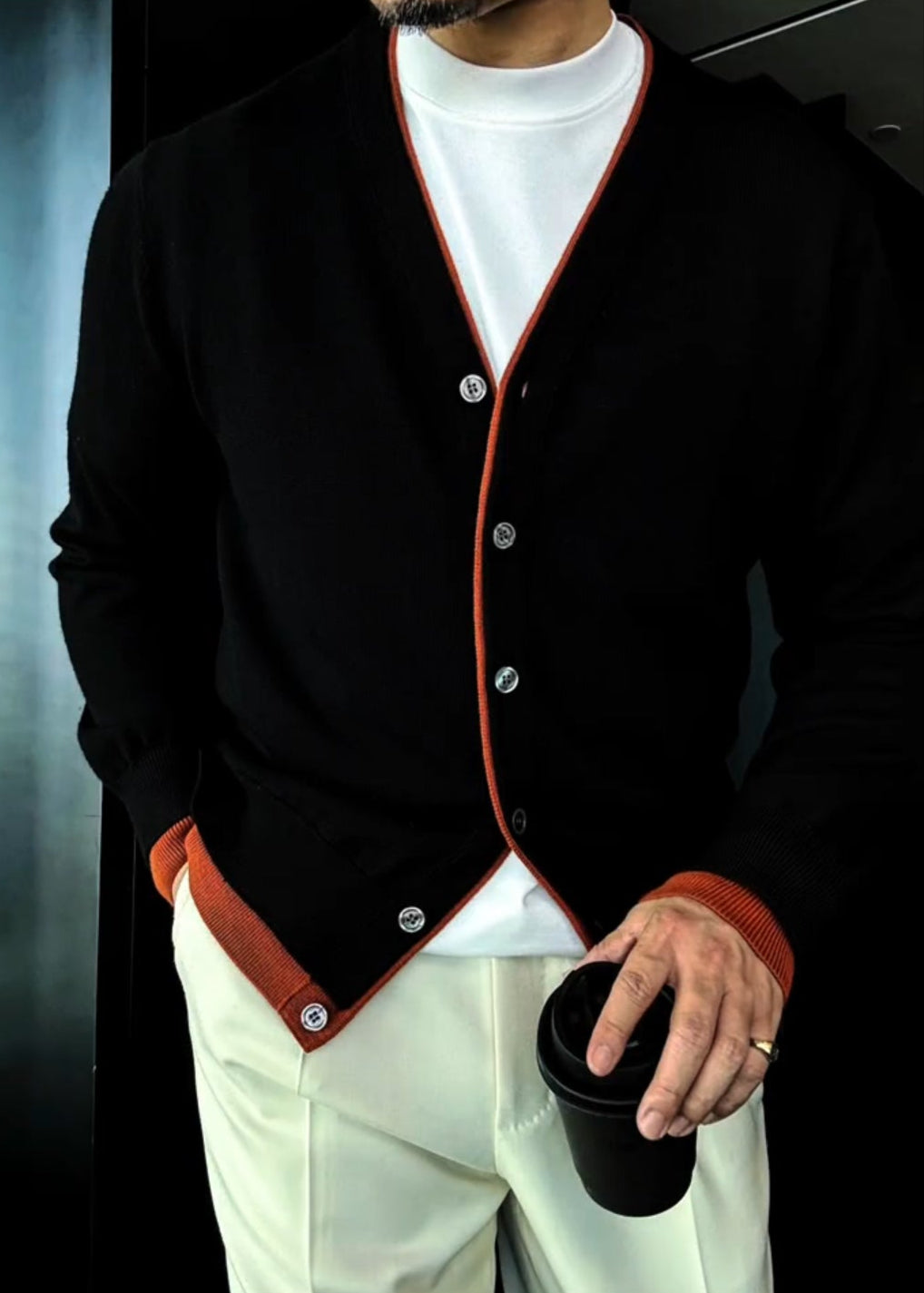 Men’s British-Style Color-Block Double-Layer Placket Wool Knitted Cardigan