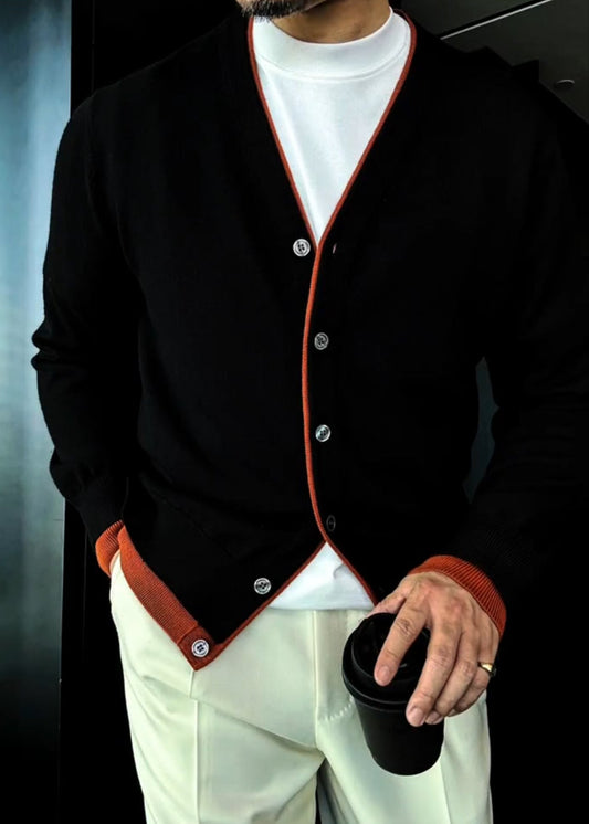 Men’s British-Style Color-Block Double-Layer Placket Wool Knitted Cardigan