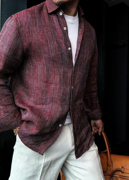 Men’s Slightly Relaxed-Fit Linen Plaid Shirt