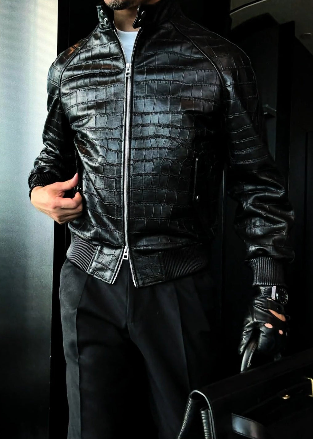 Men’s Sheepskin Crocodile-Patterned Stand-Collar Leather Jacket