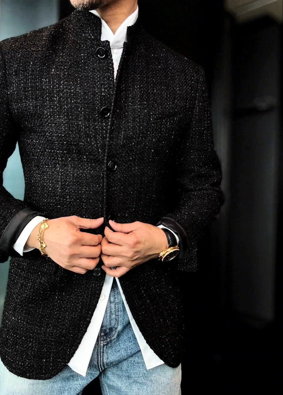 Men’s Black Chanel-Style Stand-Collar Fashion Jacket