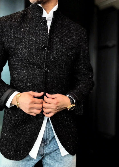 Men’s Black Chanel-Style Stand-Collar Fashion Jacket