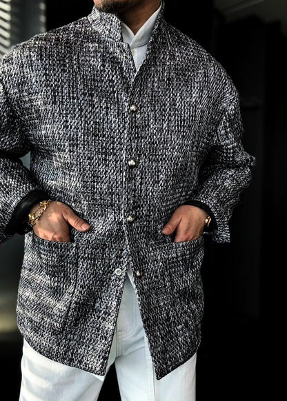 Men’s Stand-Collar Silver Gray Woven Slightly Relaxed-Fit Jacket