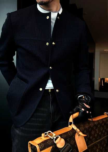 Prussian Blue Crew Neck Twill Jacket with Gold Buttons & Three Patch Pockets