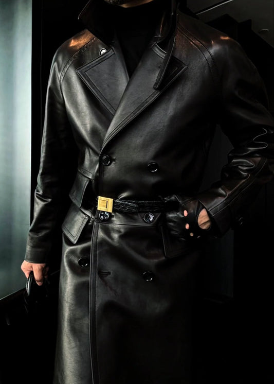 Men’s Stylish Leather Trench Coat with Double Breasts and Raglan Sleeves