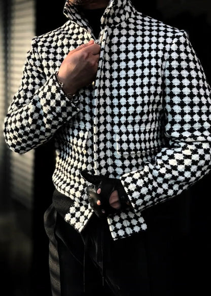 Men’s Black-and-White Collared 3D Jacquard Jacket