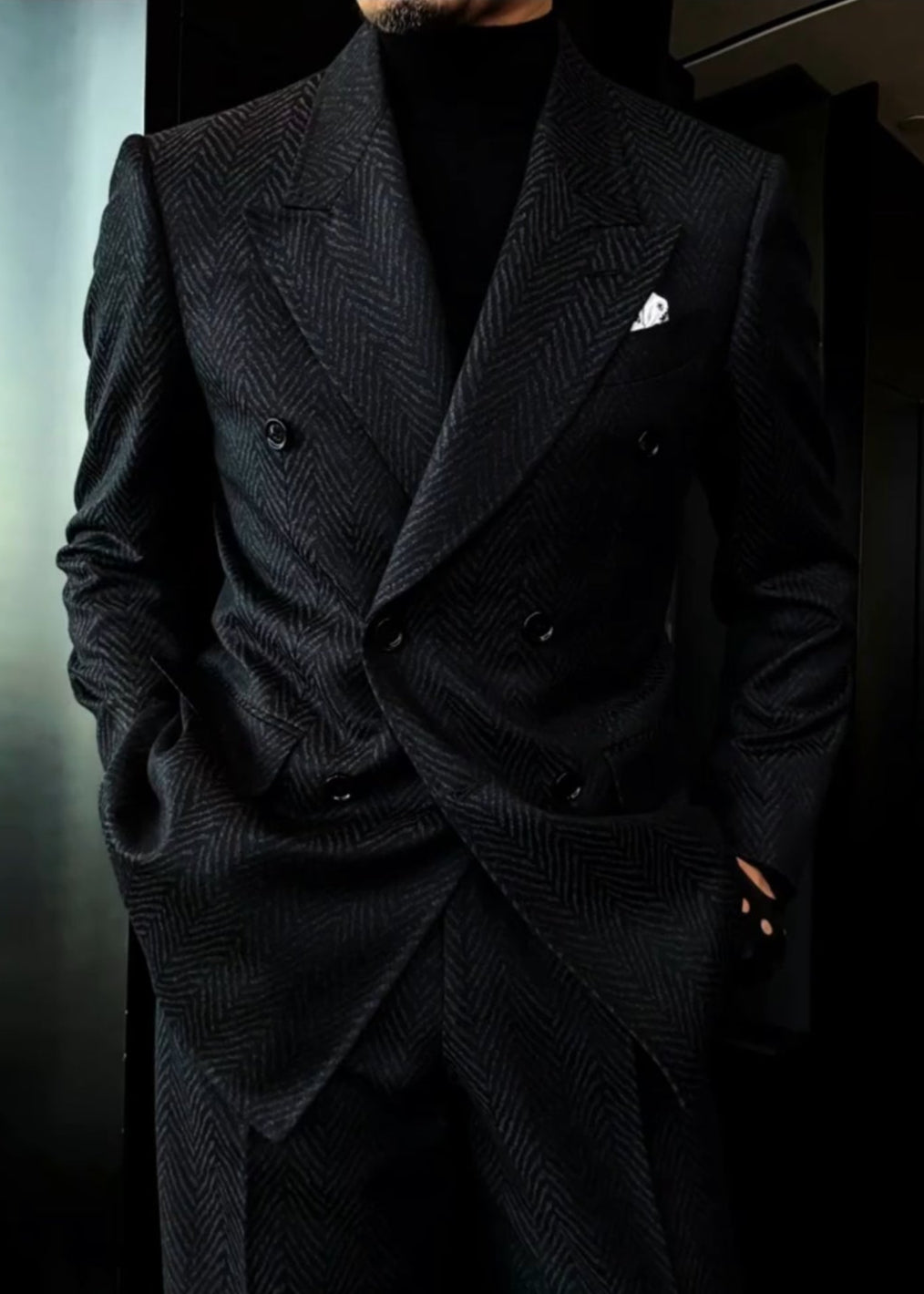 Men's Autumn Navy Blue Silver Herringbone Suit Set