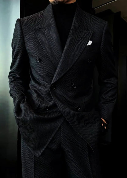 Men's Autumn Navy Blue Silver Herringbone Suit Set