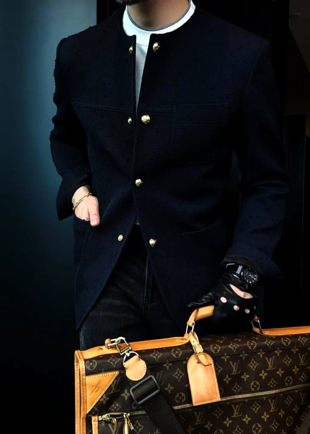 Prussian Blue Crew Neck Twill Jacket with Gold Buttons & Three Patch Pockets