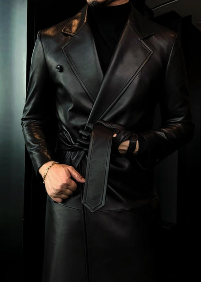Men's Stylish Soft Belted Long Leather Trench Coat