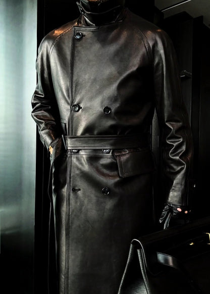 Men’s Stylish Leather Trench Coat with Double Breasts and Raglan Sleeves
