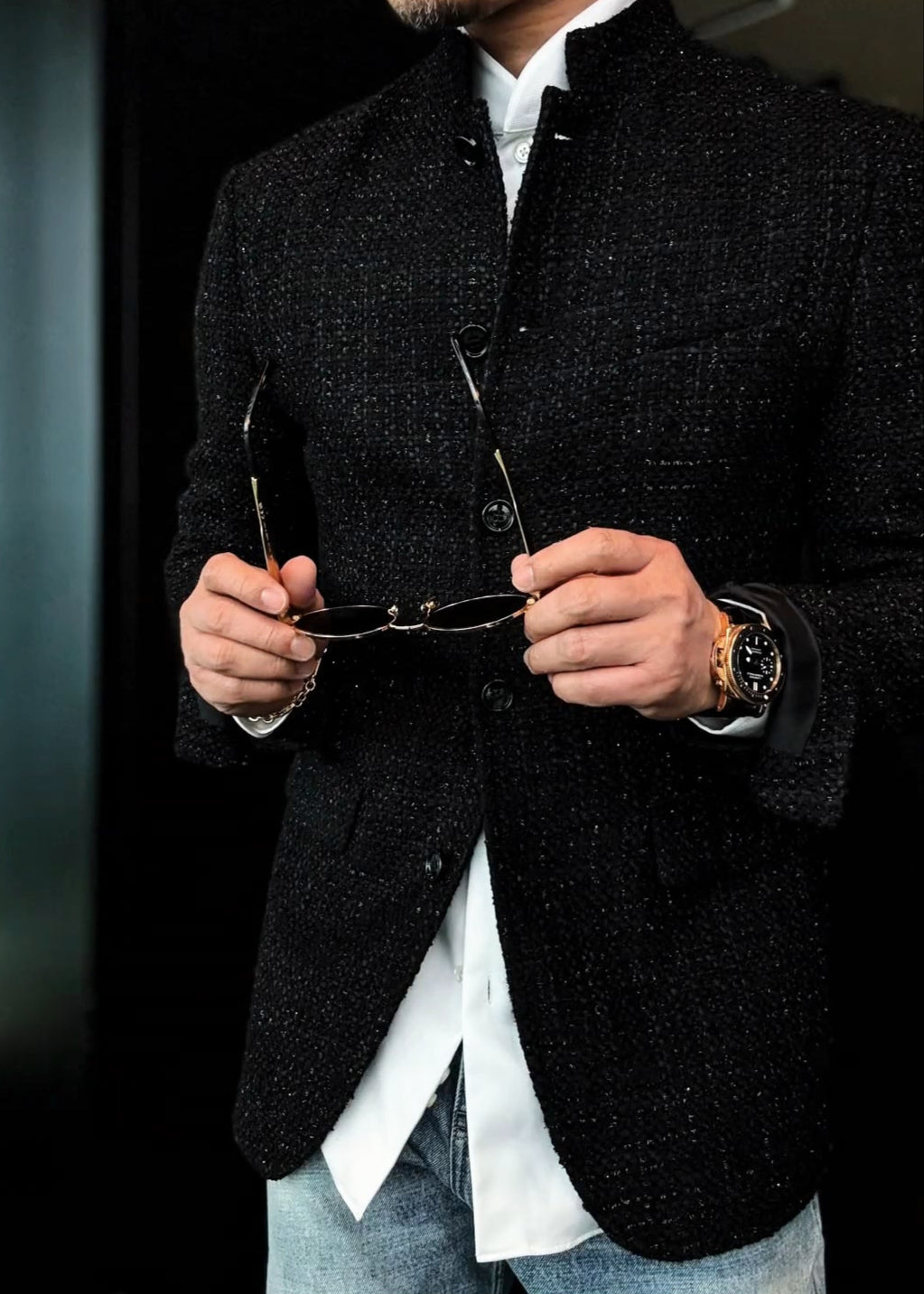 Men’s Black Chanel-Style Stand-Collar Fashion Jacket