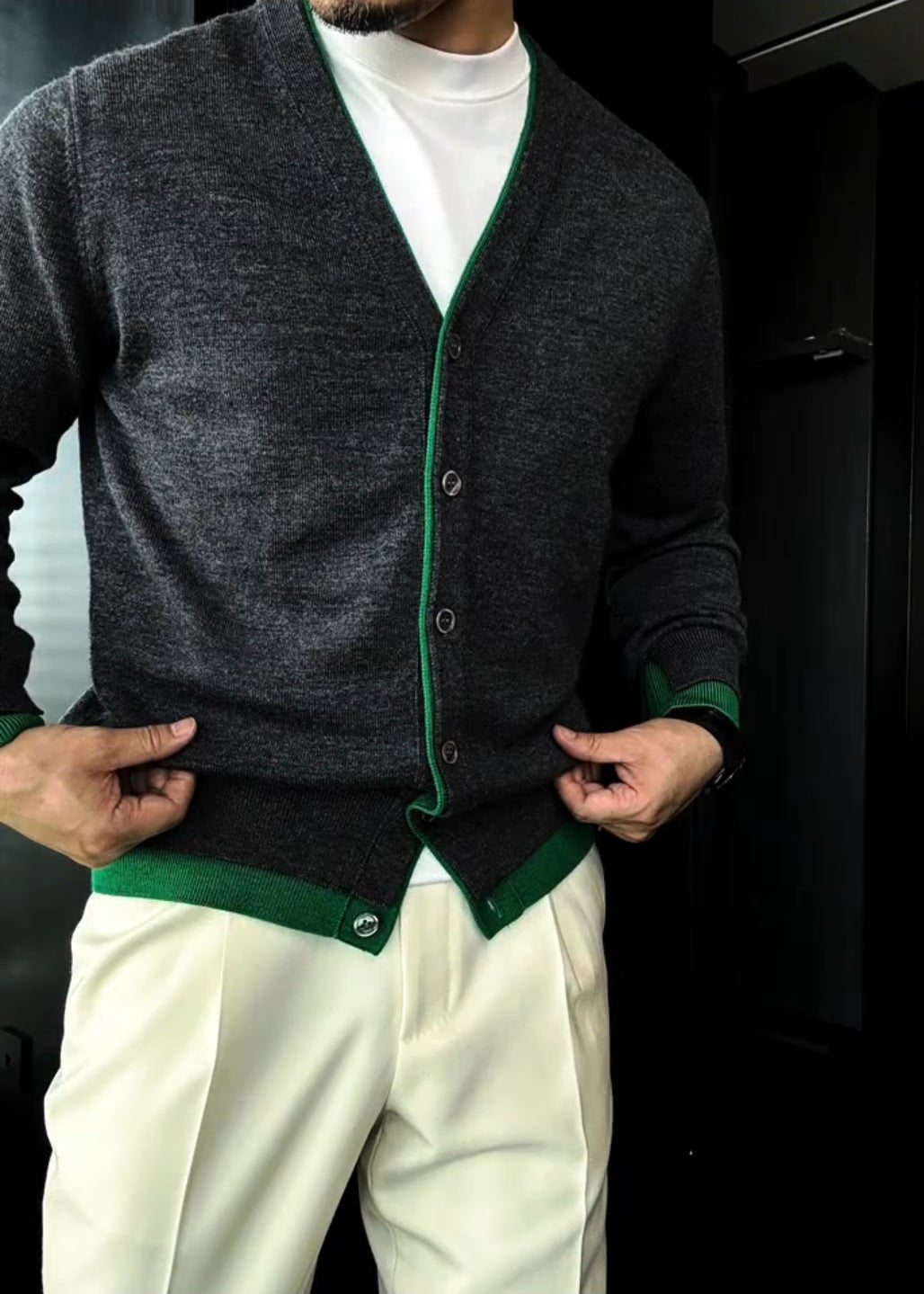 Men’s British-Style Color-Block Double-Layer Placket Wool Knitted Cardigan