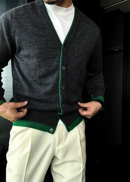 Men’s British-Style Color-Block Double-Layer Placket Wool Knitted Cardigan