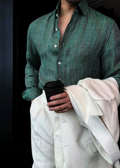 Men’s Slightly Relaxed-Fit Linen Plaid Shirt