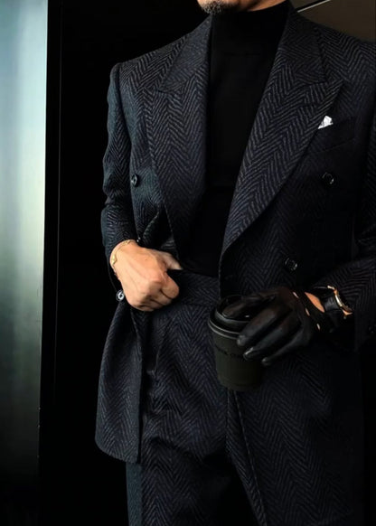 Men's Autumn Navy Blue Silver Herringbone Suit Set