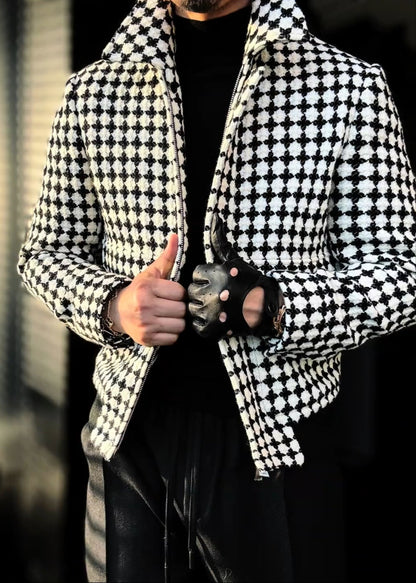 Men’s Black-and-White Collared 3D Jacquard Jacket